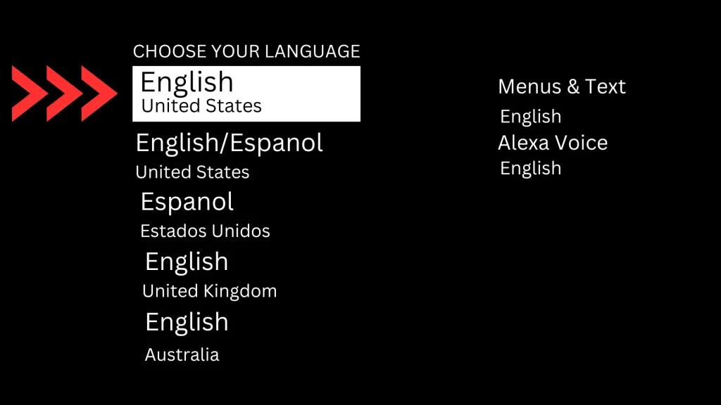Fire TV setup screen to select language