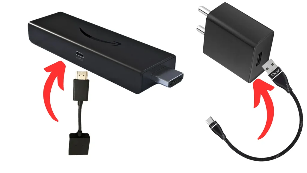 Fire TV Stick connected to power cable and adapter